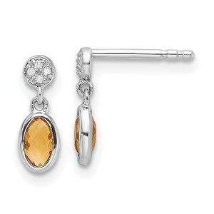 SS RH Plated White Ice .02ct. Diamond and Citrine Post Earrings
